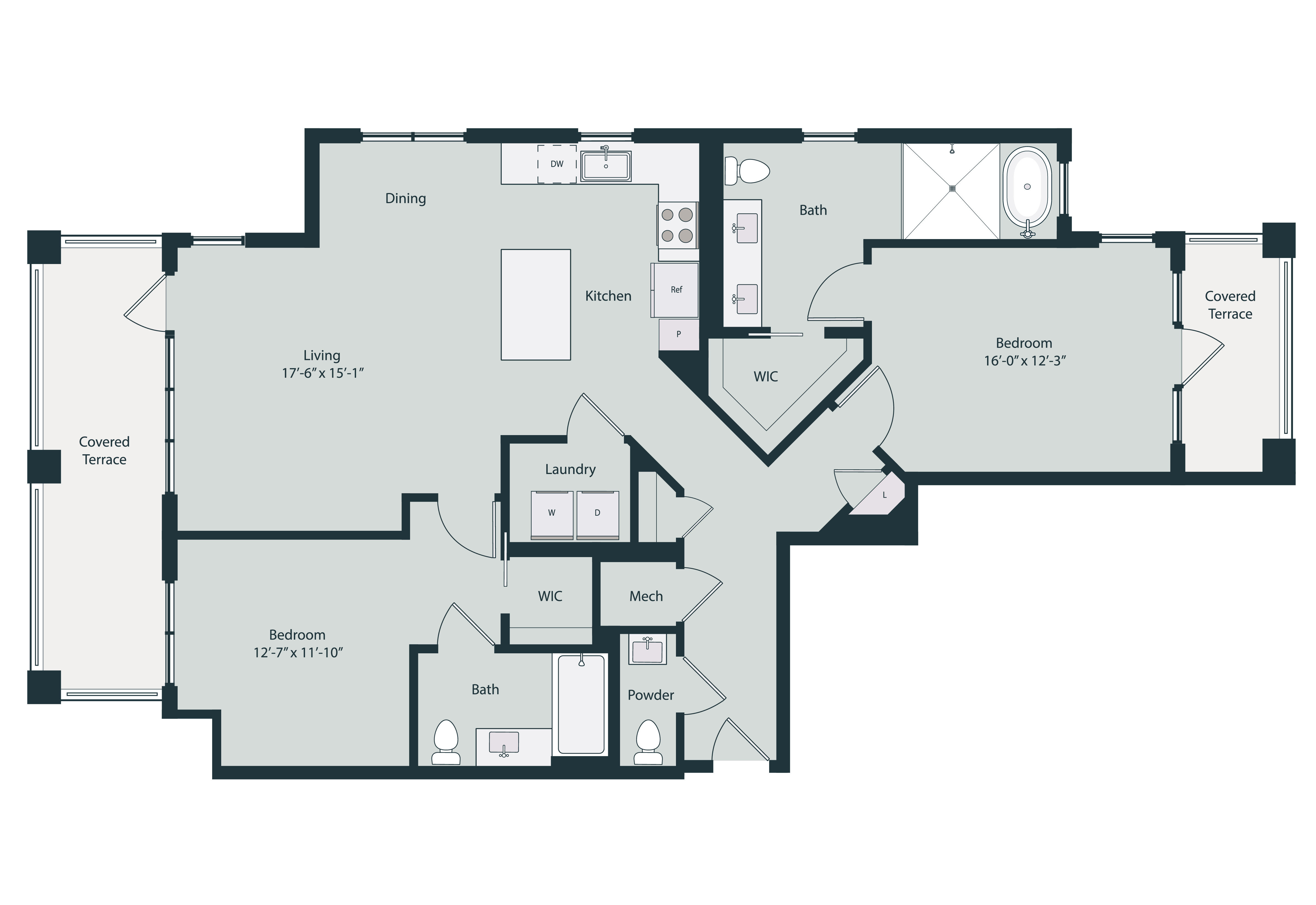 Floor plan for 2 beds, 2.5 baths, 1430 sqft